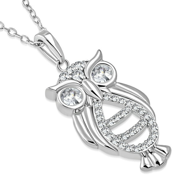 925 Sterling Silver White Clear CZ Owl Pendant Necklace