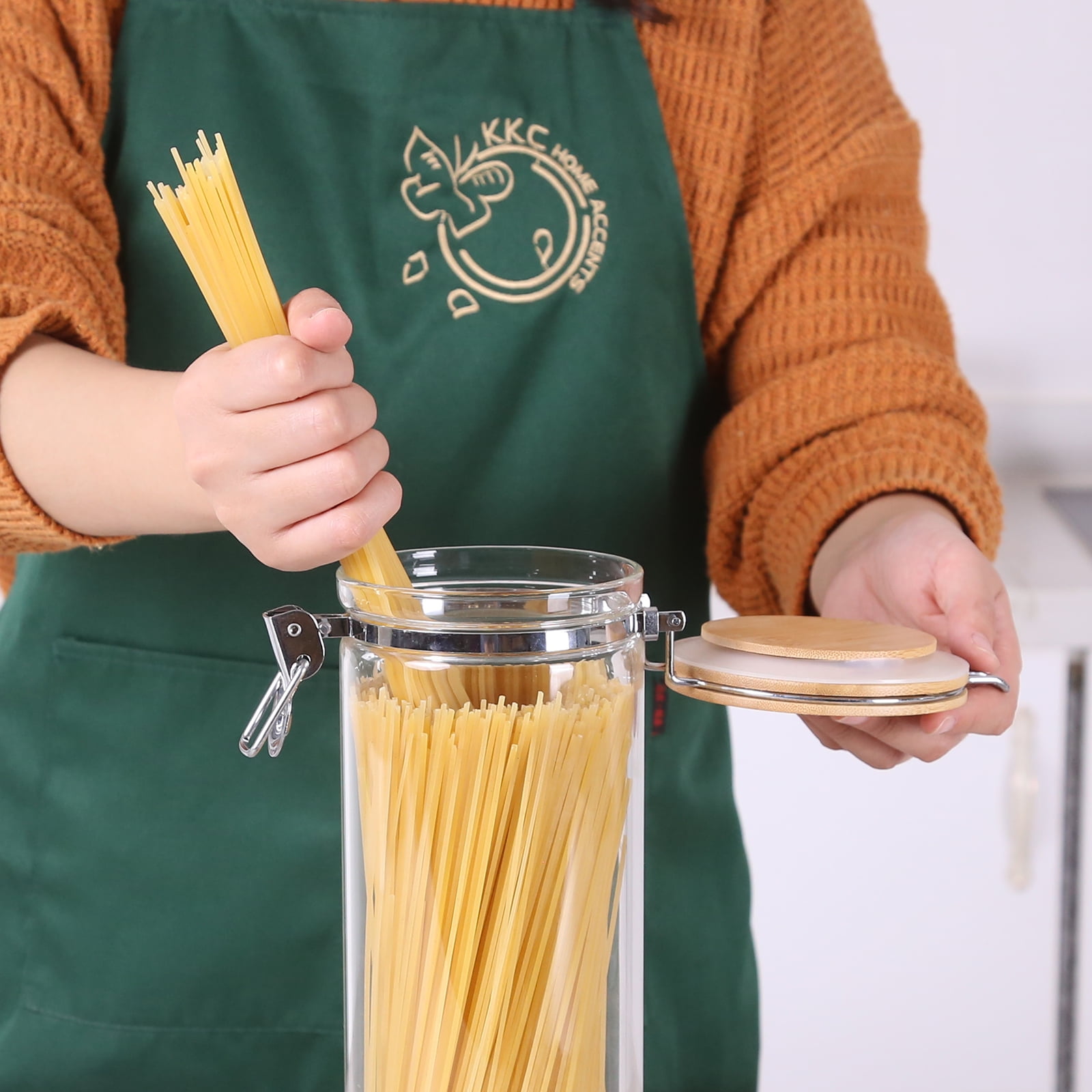 KKC Home Accents Glass Pasta Storage Container, Airtight Bamboo