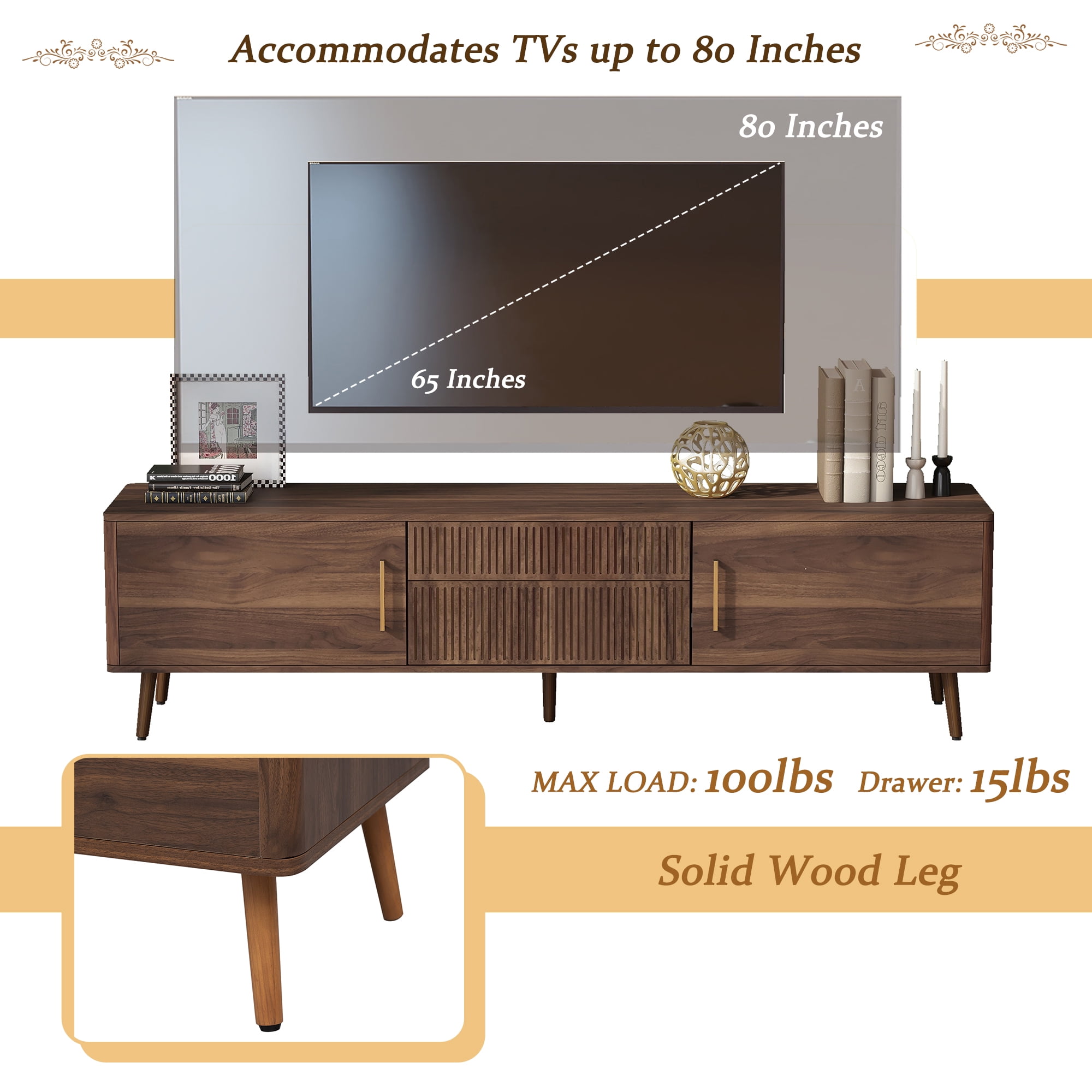 Homy Casa 70.8" Walnut TV Stand for TVs up to 75" with 2 Drawers Cabinets and Cable Management