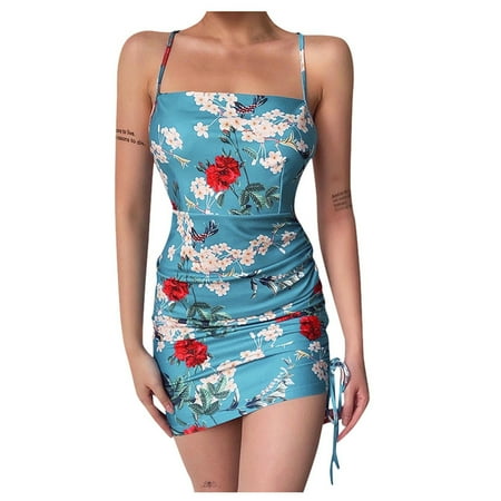 

Lanhui Women s Tight-fitting Blue Color Print SuspenderParty Club Bag Hip Dress