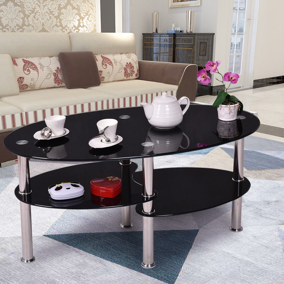 Dual Fishtail Style Tempered Glass Coffee Table Black