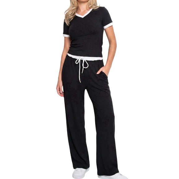 Women's 2 Piece Lounge Sets V Neck Short Sleeve Tops Wide Leg Pants with Pockets Drawstring Matching Pajama Sets Casual Comfy Loungewear Ribbed Travel Outfits for Spring Summer