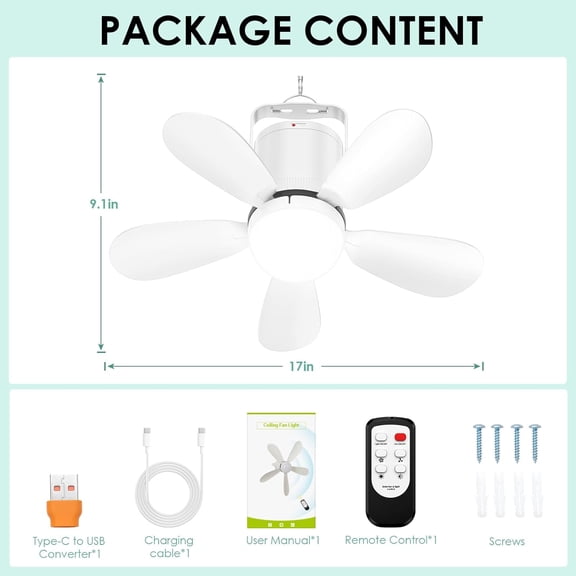 17 Inch Battery Operated Ceiling Fan Light with Remote, Portable Wireless Rechargeable Gazebo Fan for Outdoor Tent  Camping