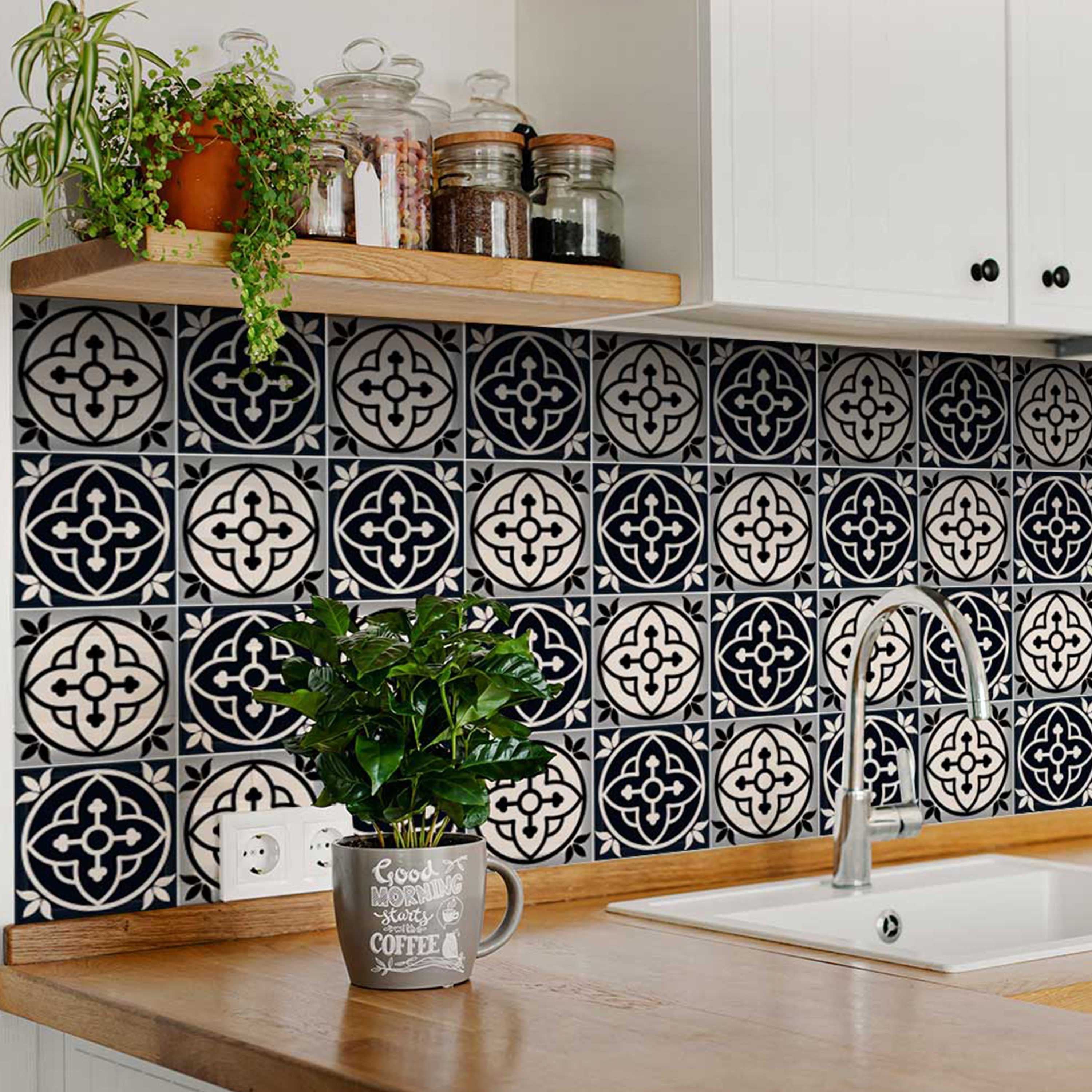 Mi Alma Black Gray Floral Peel & Stick Vinyl Backsplash Tiles 5x5, 24 pcs