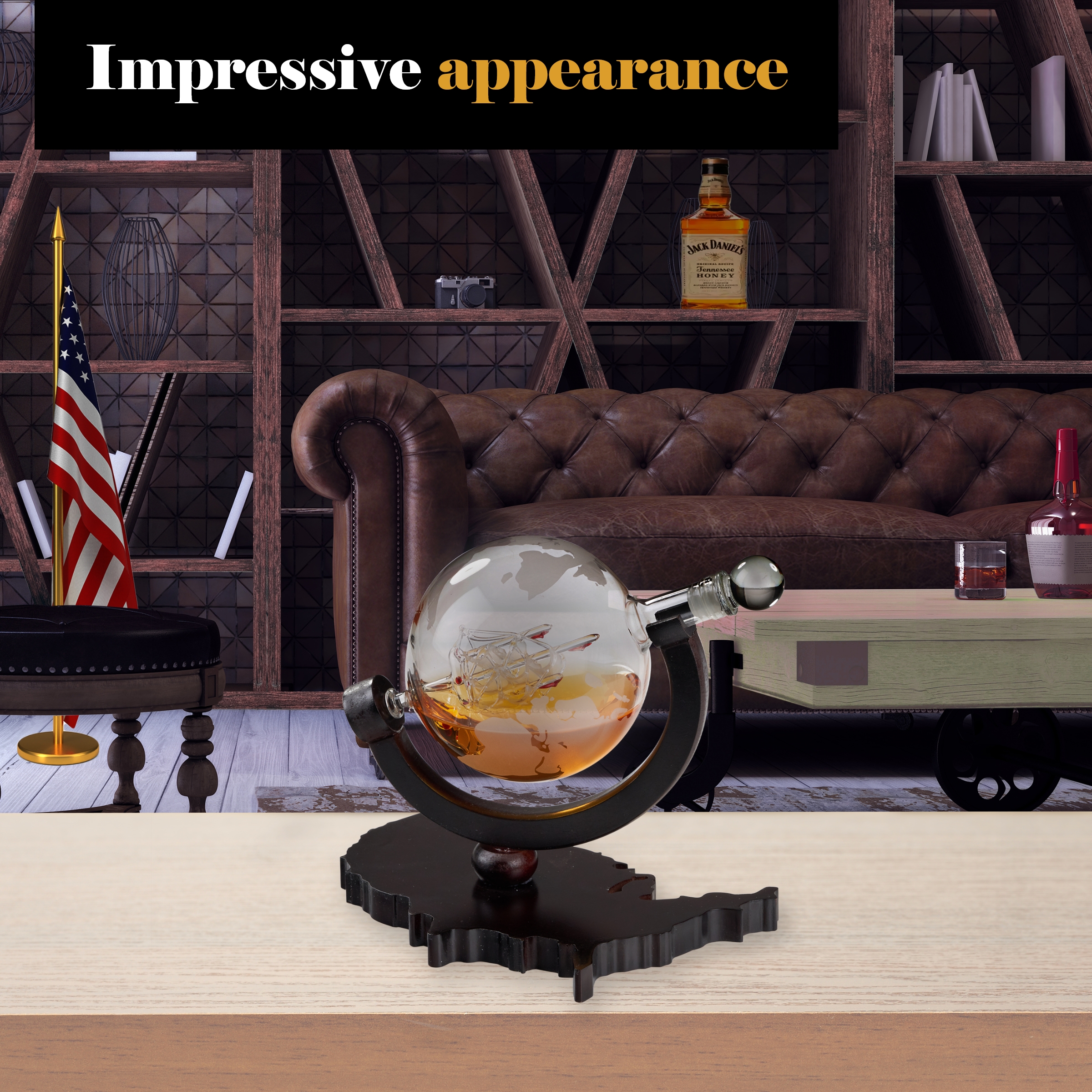 Elegant Whiskey Decanter Set - Etched Globe Design Glass Decanter on USA Map Tray - Impressive Bar Set - image 3 of 7