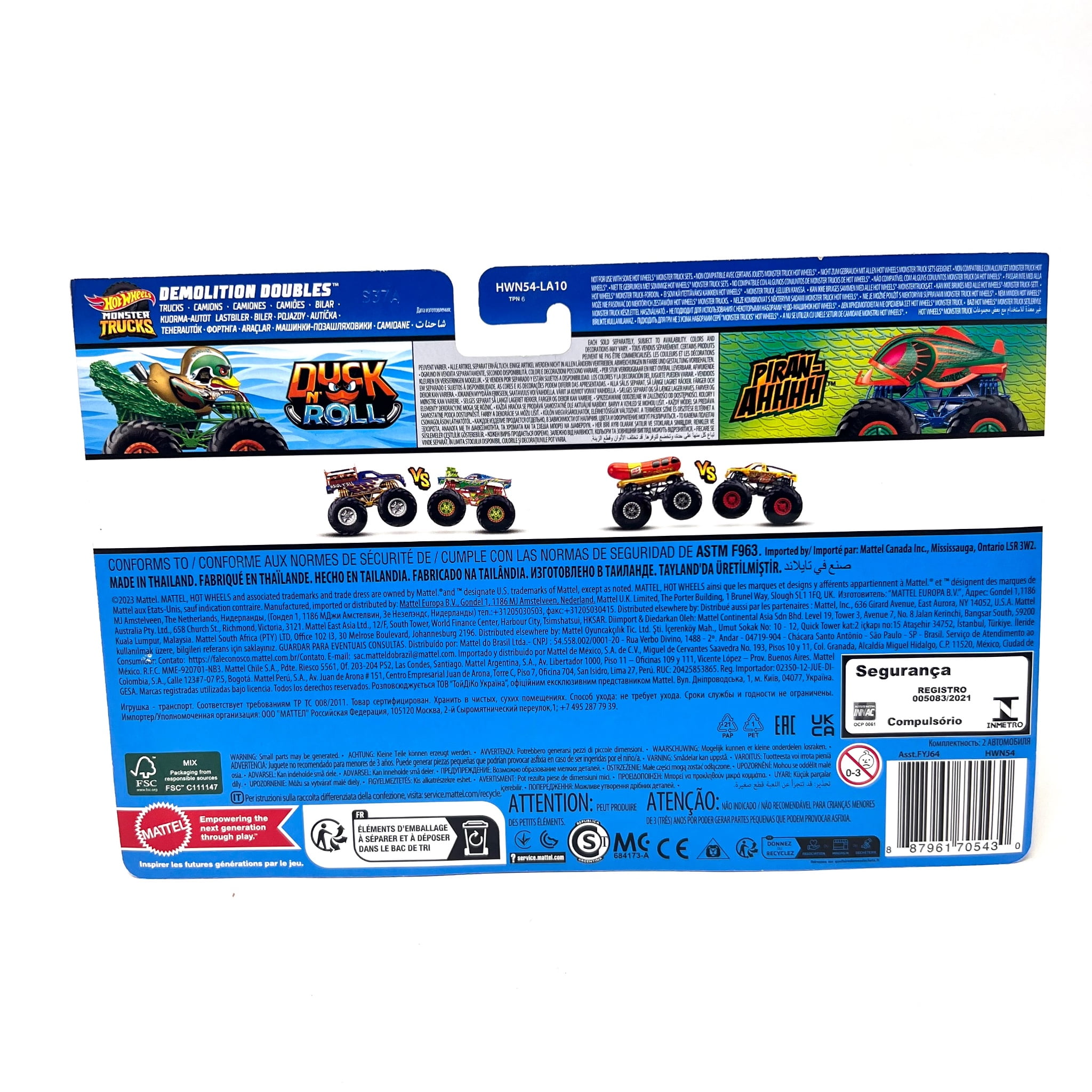 Hot Wheels Duck N Roll Vs Piran-Ahhhh Monster Trucks, Green, 1:64 Scale, (Pack of 2)