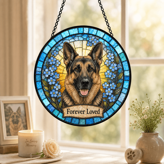 German Shepherd Memorial Suncatcher Stained Glass Window Hanging, Forget Me Not Gift