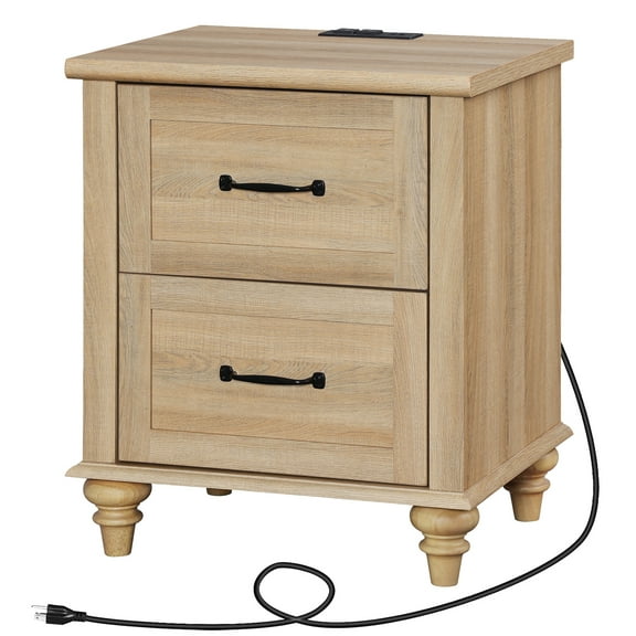 Nightstand with Charging Station, Farmhouse End Table with 2 Drawers & Wood Legs for Bedroom, Light Rustic Oak