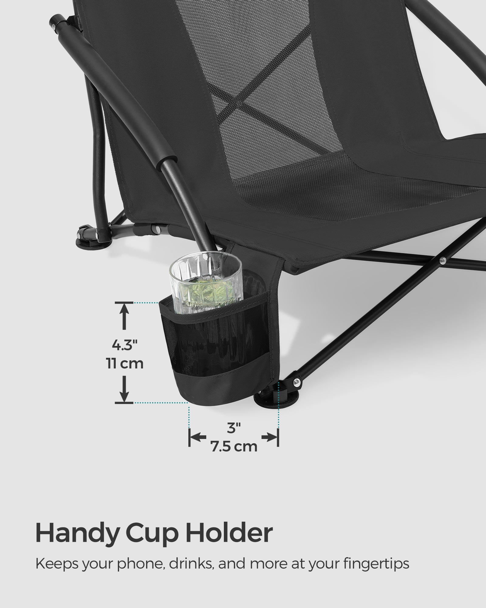 Set of 2 Camping Chairs, Beach Chairs, Portable Outdoor Chairs, with High Backrest, Cup Holder, Lightweight, Heavy-Duty, Max. Load 330 lb per Chair, Black