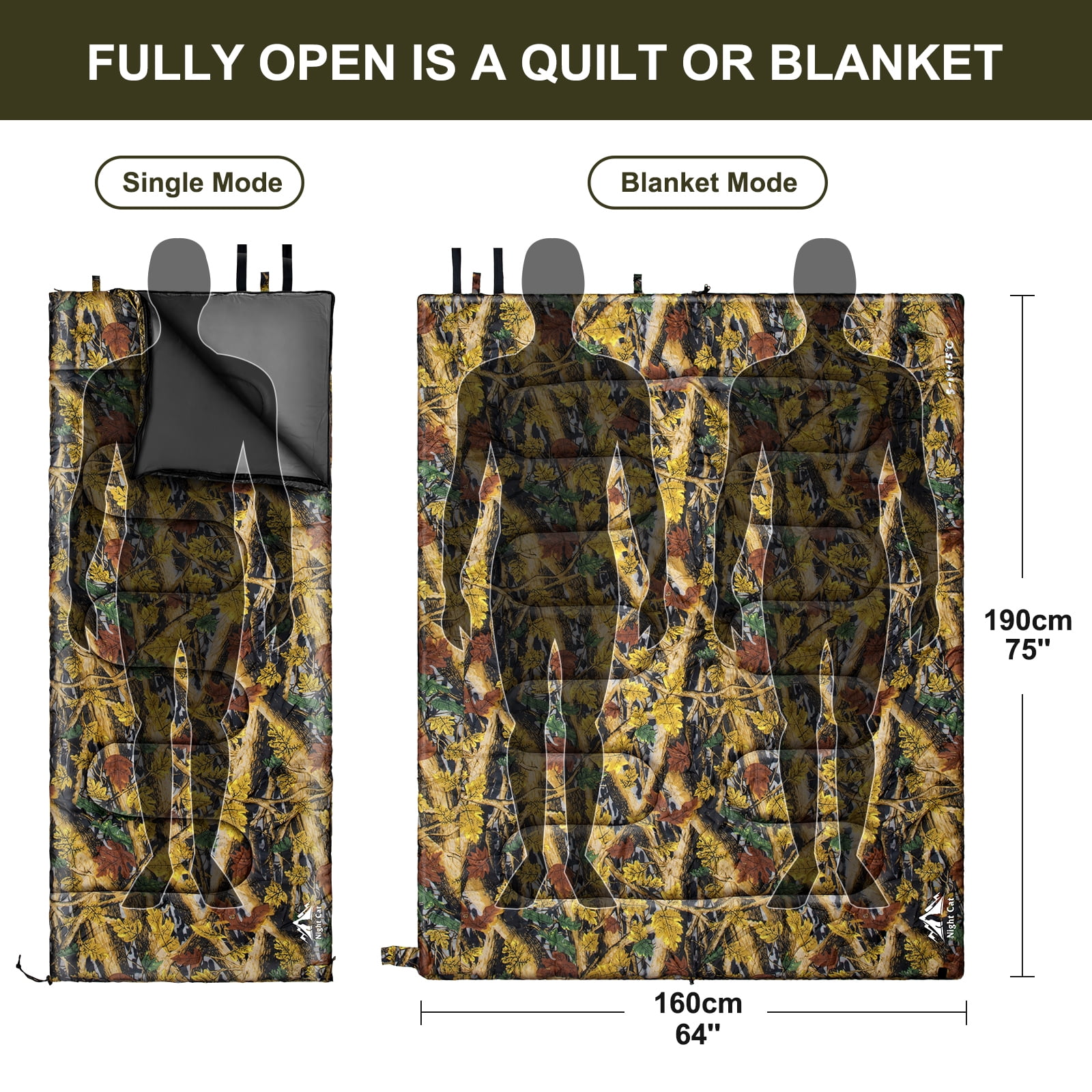 Night Cat Camping Sleeping Bag for Adults 3 Seasons Portable Lightweight Hiking Camo