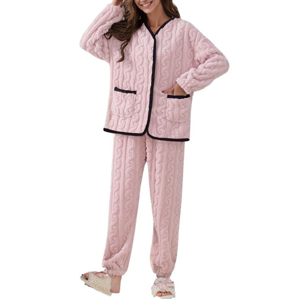 Conjunto de pijama Gibobby de manga larga con botones para mujer, ropa de dormir cálida y esponjosa, ropa de dormir térmica con bolsillos, Rosa, M