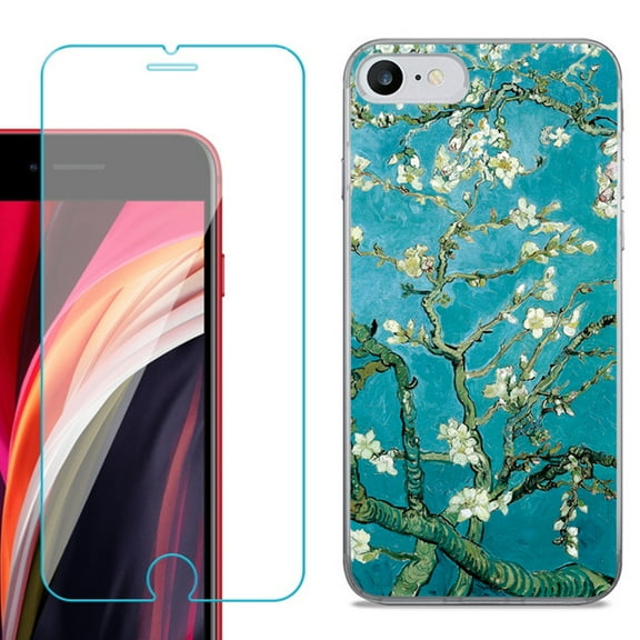 Slim-Fit Fashion Gel Phone Case for iPhone SE 2022, with Tempered Glass Screen Protector, by OneToughShield ® - Almond Blossom