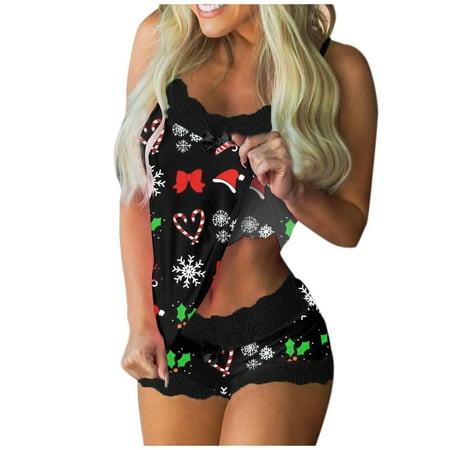 

HGWXX7 Christmas Clothes Women Christmas Print Pajamas Sleeveless Lace Cami Shorts Lingerie Sleepwear Set Stylish