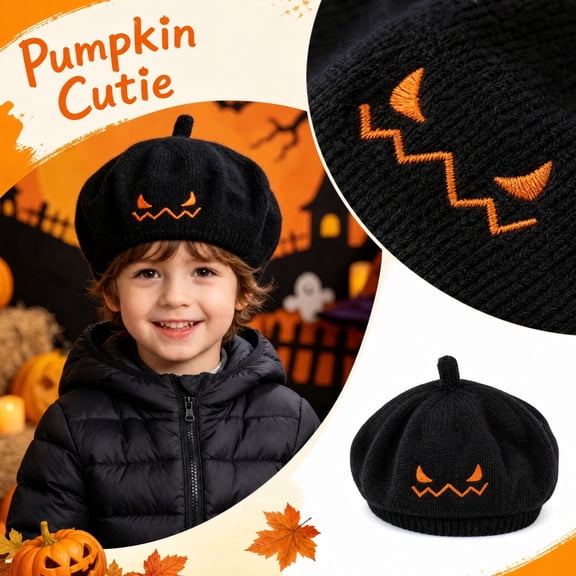Kids Halloween Pumpkin Beanie Hat, Toddler Boy Girl Winter Knit Cap, Cute Novelty Party Bonnet, Soft Stretchy Orange Black Jack O Lantern Headwear