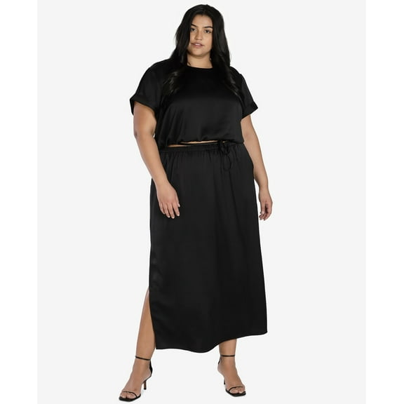 Bar III Women's Nicole Williams English Satin Maxi Skirt Black Plus Size 2X