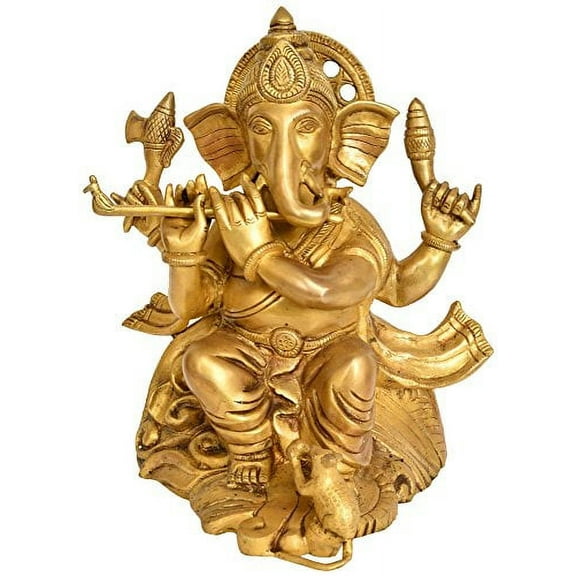 Exotic India Lord Ganesha Playing Flute - Brass Statue