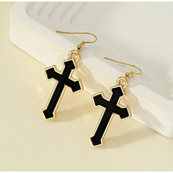 Inspirational 2 1/4" pierced gold and black dangle cross earrings