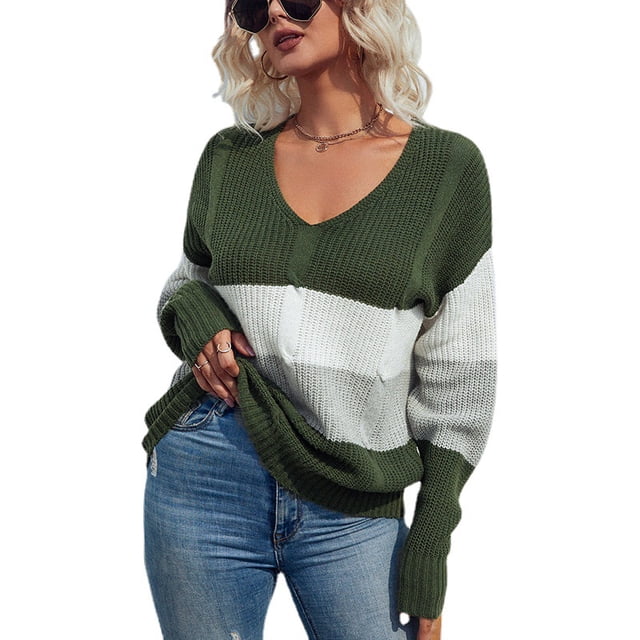 REDHOTYPE Pull Col en V pour Femmes Pull Ample Décontracté à Manches Longues Rayé