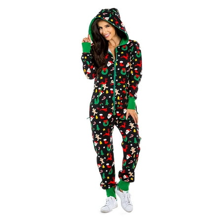 

Christmas Jumpsuit Pajamas for Women Girls Long Sleeve Sleepwear Merry Xmas Print Zipper Up Hooded Nightwear Home Wear