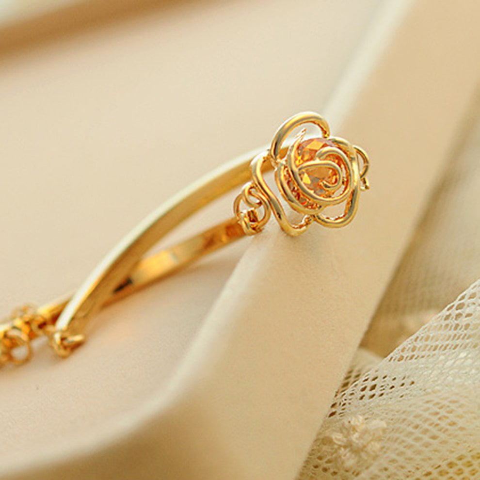 healthwen Korean Fashionable Women Beautiful Rose Flower Charm Bracelet Adjustable Ladies Wedding Bridal Bracelet Bangle Jewelry gold
