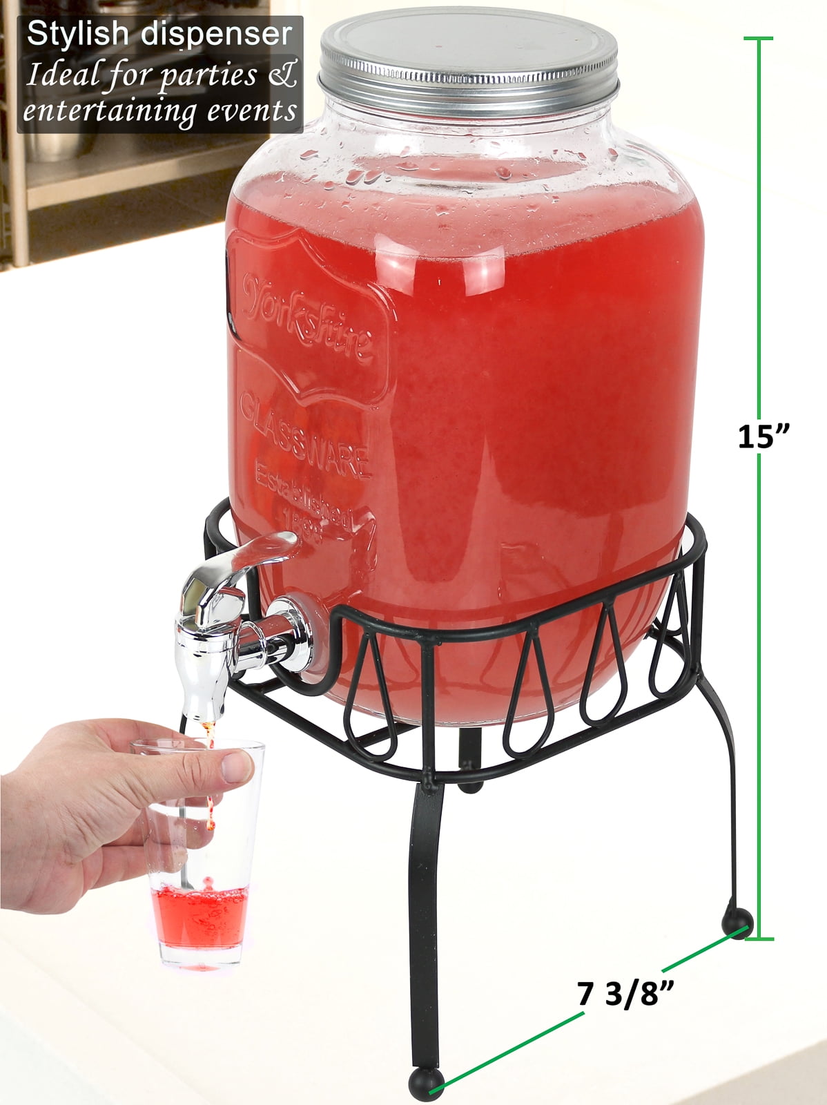 Estilo Glass Drink Dispenser 1 Gallon, Set of 2 Mason Jar Dispensers with  Stand, Lids, Labels - Leak Free Spigots, Parties, Weddings, and  Picnics,Clear,EST3095