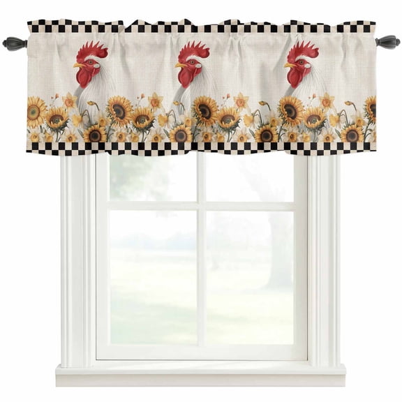 Sunflowers Rooster Farmhouse Short Window Curtain Valances, Farmhouse Vintage Beige Burlap Plaid Rod Pocket Kitchen Valances for Living Room Bedroom Bathroom Cafe 54" x 18"