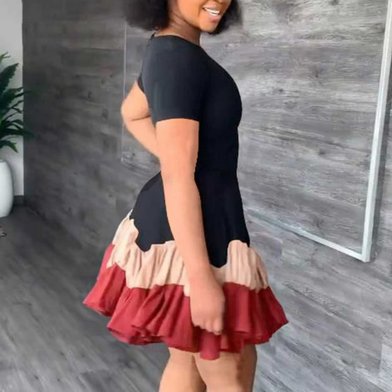 OAVQHLG3B Patchwork Crewneck Ruffles Dress for Women Mini Short Sleeve Slim  Dresses Cute Dress Women Summer 2022 Vestidos Vestir - Walmart.com