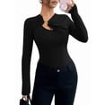 thumbnail image 2 of Women's Metal Ring Long Sleeve Asymmetrical Neck T Shirt Slim Fit Ruched Going Out Tops Black XXL, 2 of 9