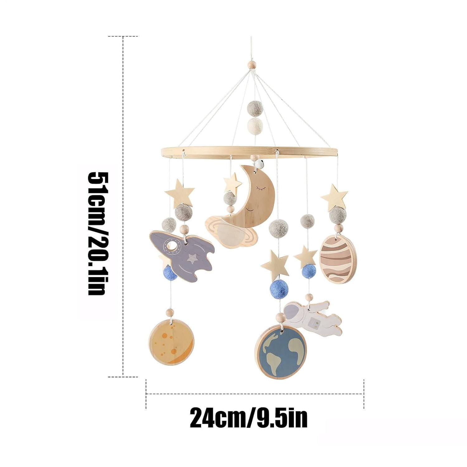 Bassinet Mobile 360° Rotating Space Theme | Wooden Crib Mobile for Baby Boys Girls | Soothing Nursery Decor with Planets Spaceship | Hanging Bedding Toy for Travel Sleep Play(DSF)