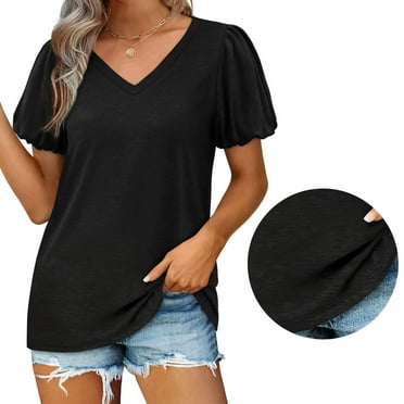 Womens V Neck Puff Short Sleeve T Shirts Fashion Casual Pure Color Loose Women Summer Tops for Daily Travel Shopping