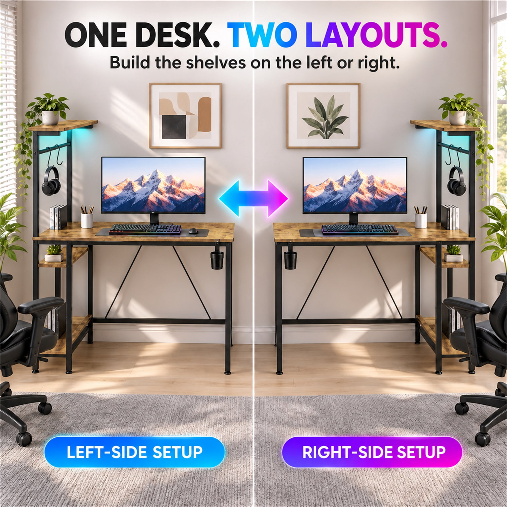 CloudRest Pro 44 Inch Gaming Desk with RGB LED Lights, Reversible Computer Desk with 4-Tier Storage Shelves, Cup Holder and Headphone Hook, Rustic Brown