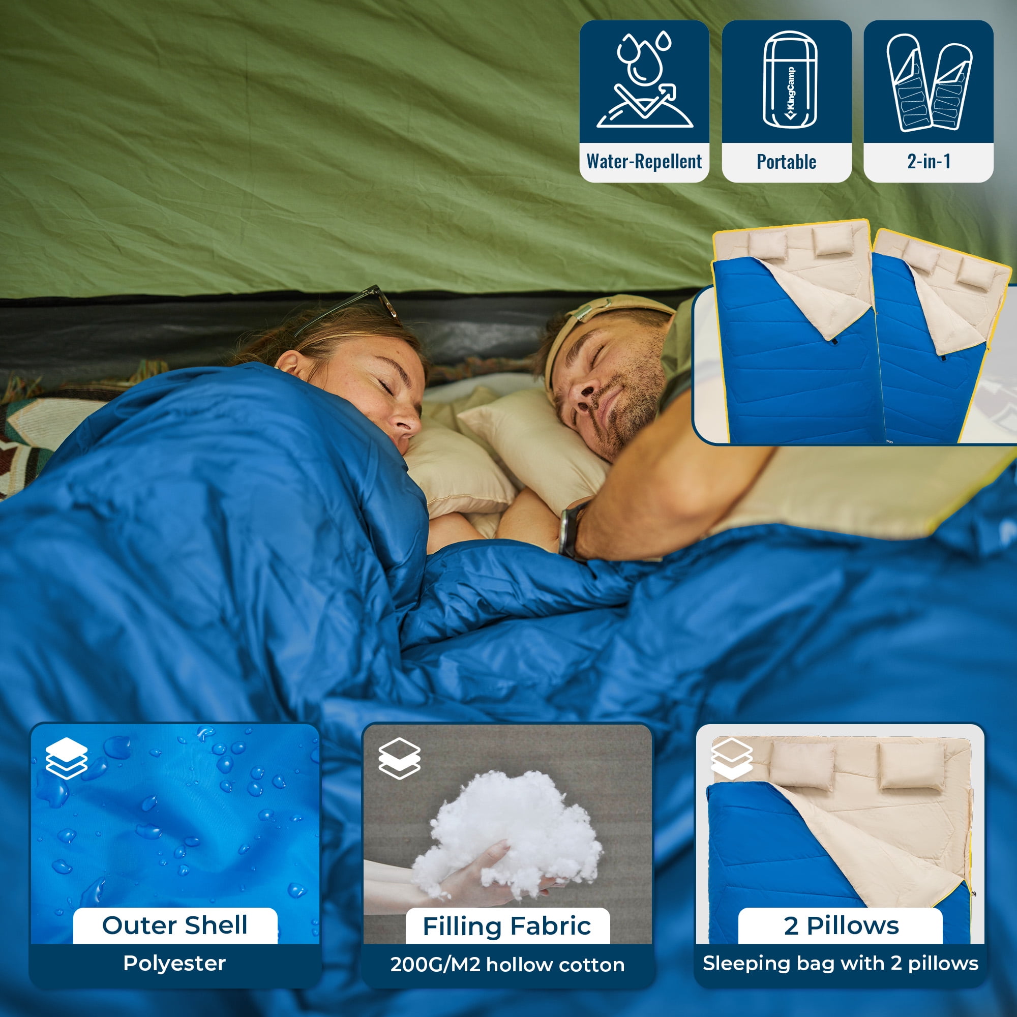 FUNDANGO Two Person Sleeping Bags with Pillows 220cm*150cm Double Camping Sleeping Bags with Compression Sack Queen Size 39.2°F-62.6°F Keep Warm Sleeping Bag, 6.1lbs, Blue