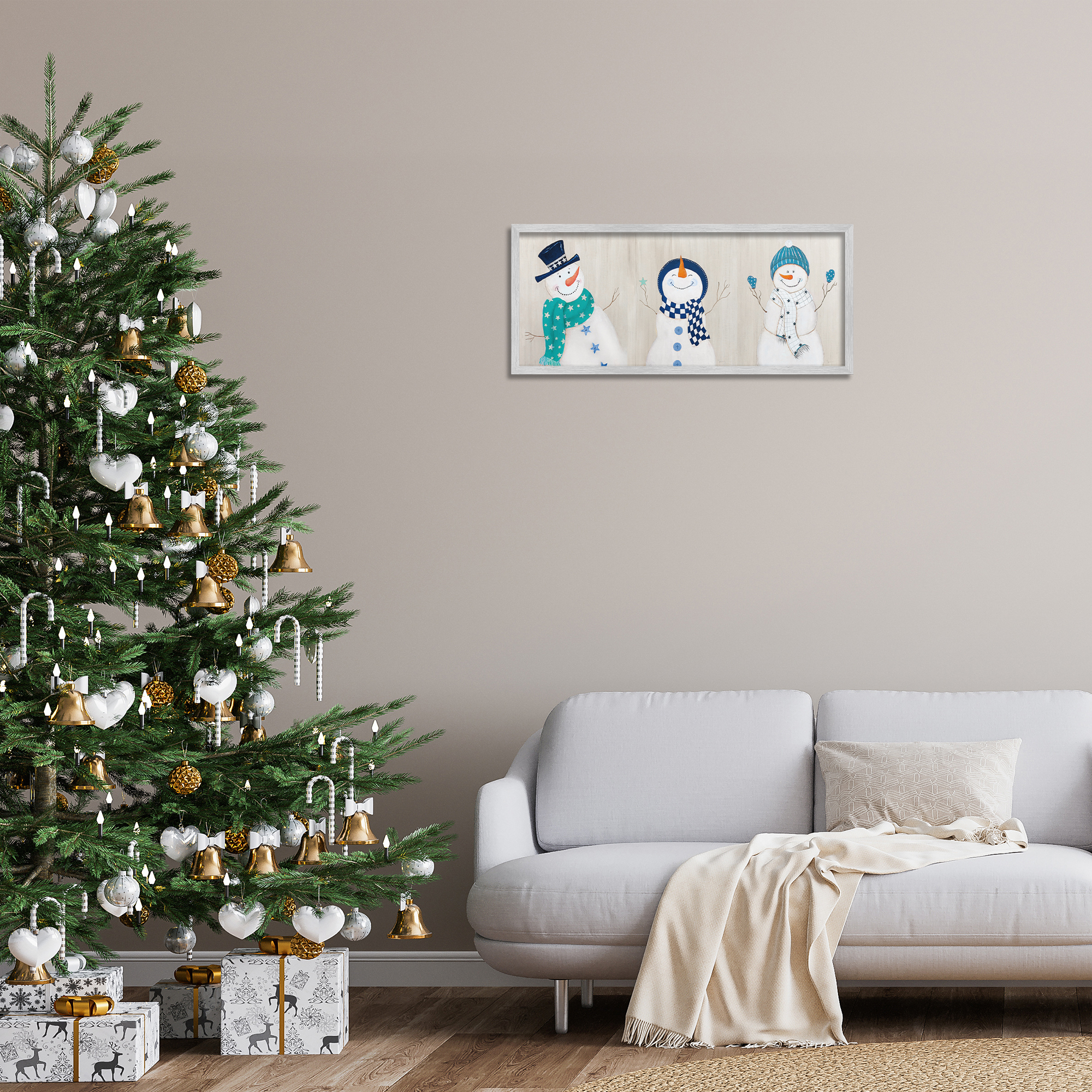 Stupell Industries Happy Snowman Trio Holiday Painting Gray Framed Art Prints Wall Art, 30 x 13