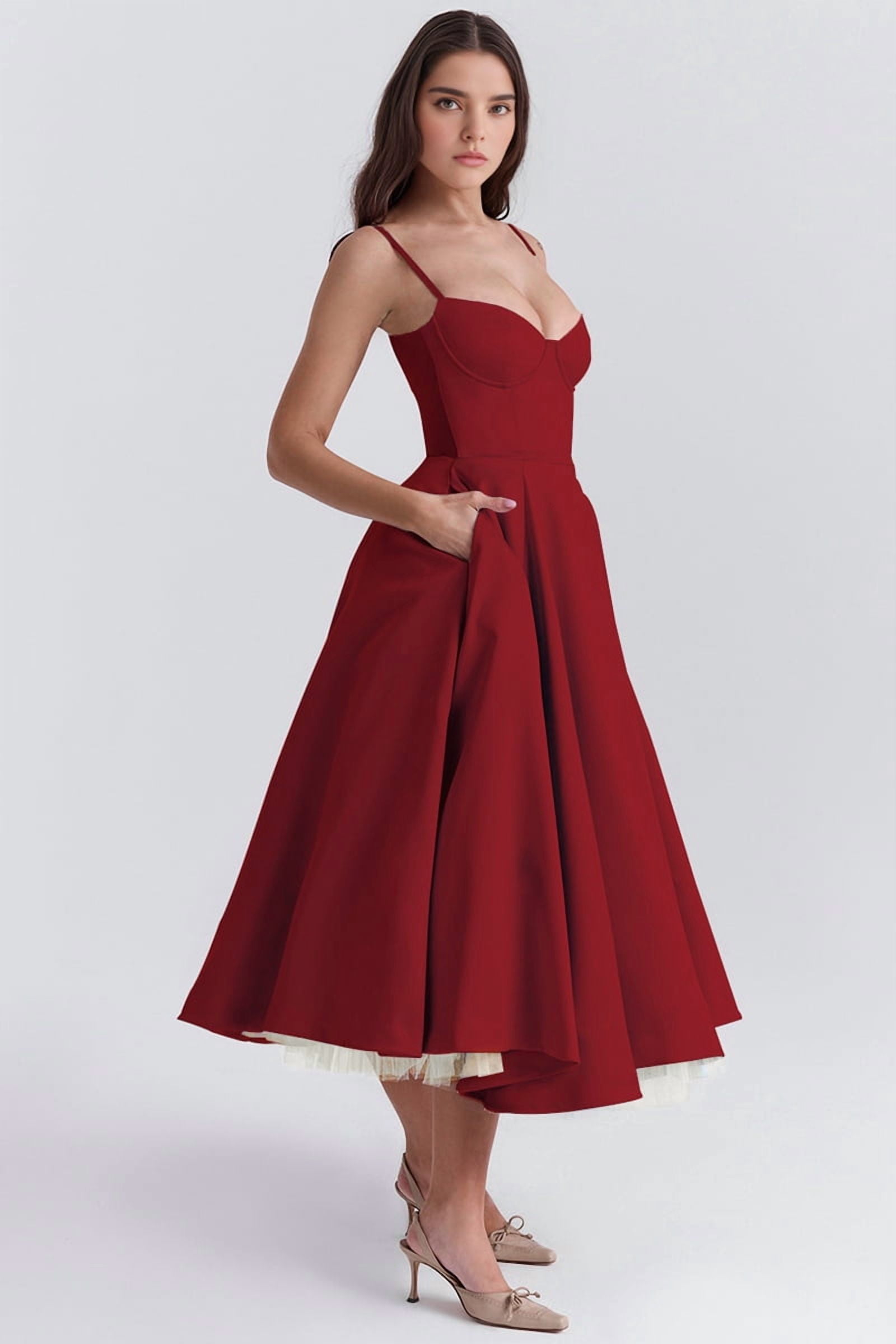 Wedding Guest Dresses for Women Spaghetti Straps Corset Homecoming Floral Lace Maxi Prom Dresses Red L
