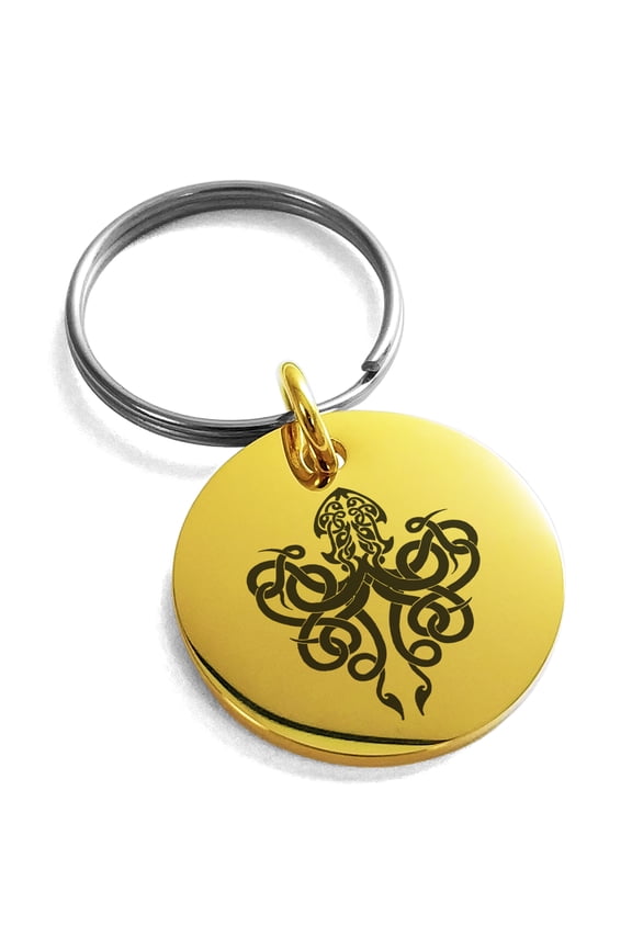 Stainless Steel Tribal Kraken Engraved Small Medallion Circle Charm Keychain Keyring
