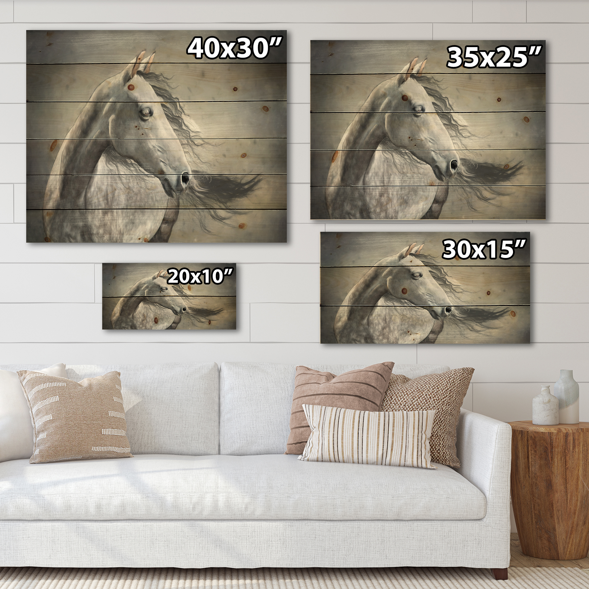 Designart 'Black and White Portrait Of A Wild Horse' Farmhouse Print on Natural Pine Wood