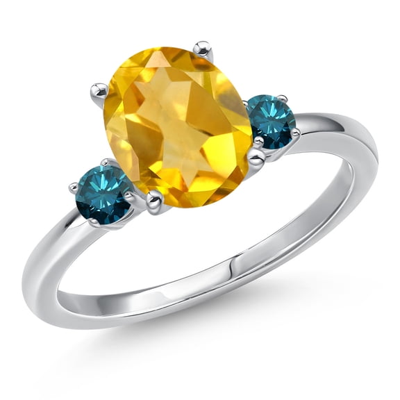 Gem Stone King 14K White Gold Yellow Citrine and Blue Diamond Engagement Ring for Women | 2.60 Cttw | Oval 10X8MM | Gemstone November Birthstone | Size 5
