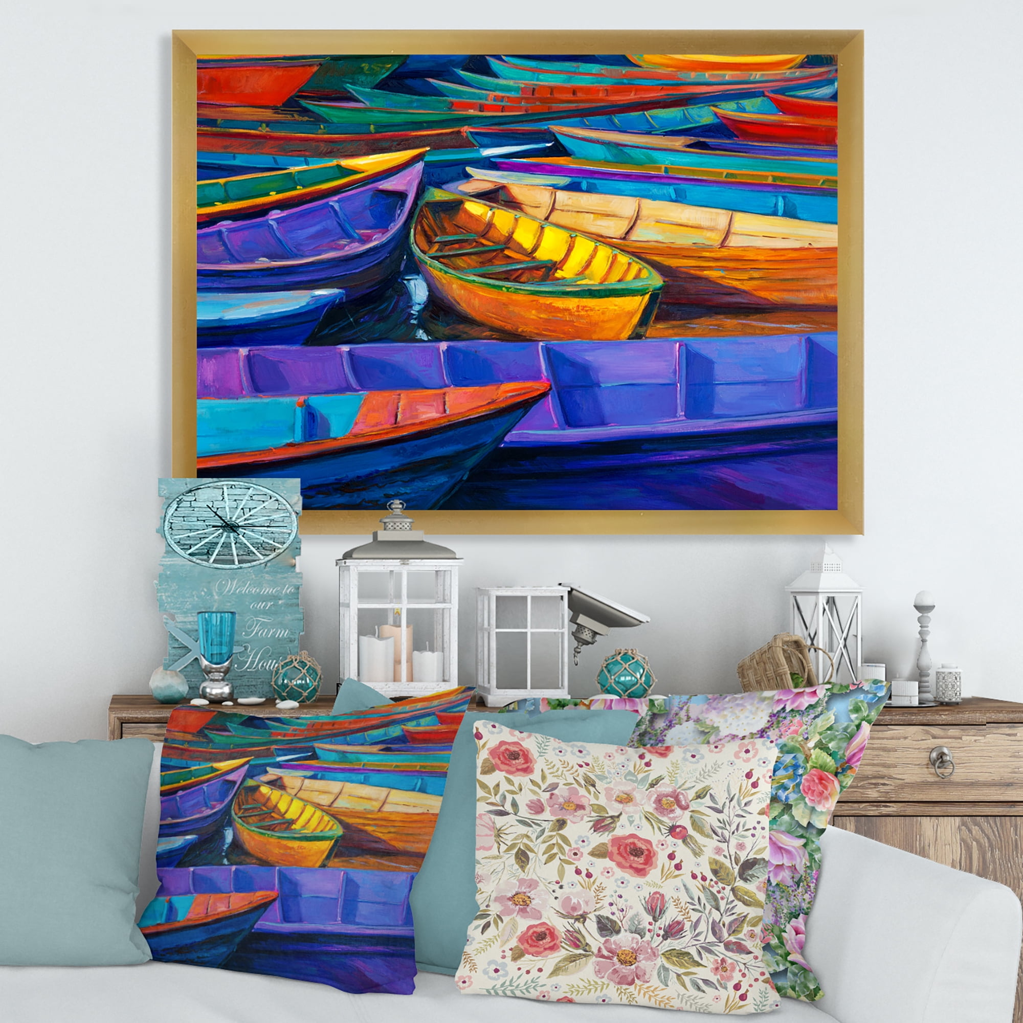 Designart 'Boats During Warm Sunset Resting On The Water II' Nautical & Coastal Framed Art Print