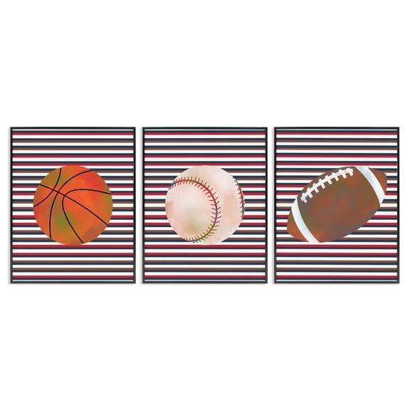 Stupell Industries Stripes And Sports Balls 3 Piece Black Framed Giclee Art Set, design by Marcus Prime, 14 x 11