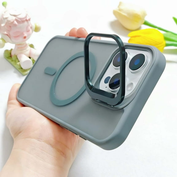 Compatible with iPhone 13 Mini Magnetic Case, [With Metal Camera Ring Stand][Compatible with Mag-safe] [Translucent Matte] Anti-fall Shockproof Protective SkinFeel Phone Case,Gray