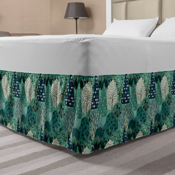 Botanical Bed Skirt, Doodle Style Botanical Motifs from Different Cartoon Trees Geometric Shapes, Elastic Bedskirt Dust Ruffle Wrap Around for Bedding Decor, 4 Sizes, Multicolor, by Ambesonne