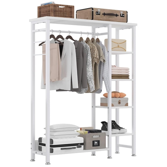 White Free-Standing Clothing Rack with 5 Shelves and Hanging Rod, Heavy