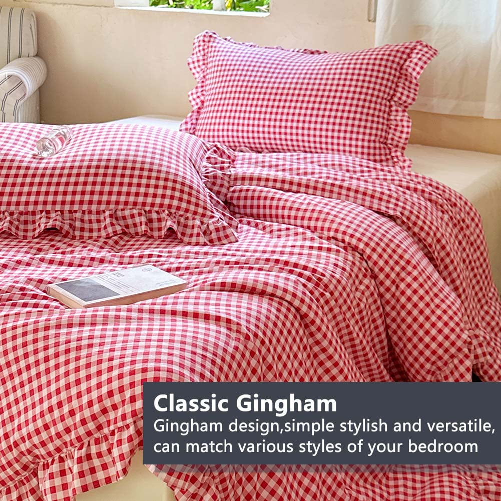 Red Gingham Ruffle King Comforter Set, Red Ruffled Plaid Bedding Set, Ruffled Checked Bed Comforter 3 Pieces(Red Gingham, King)
