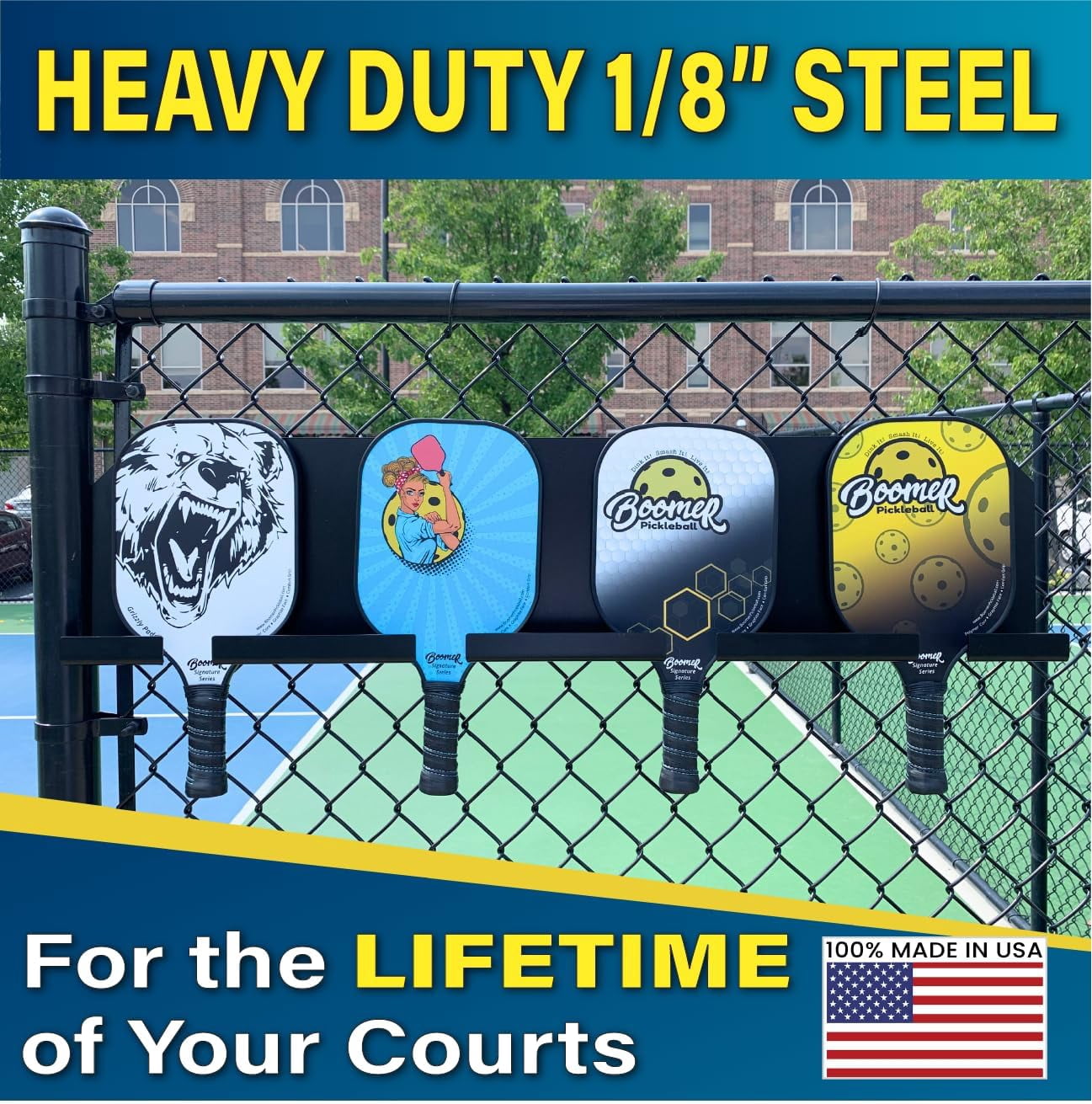 HD Pickleball Paddle Rack Wall Mount – Holds 4 or 8 Paddles, Heavy-Duty 1/8" Steel Organizer, Weather-Proof Powder Coated Court Storage Rack