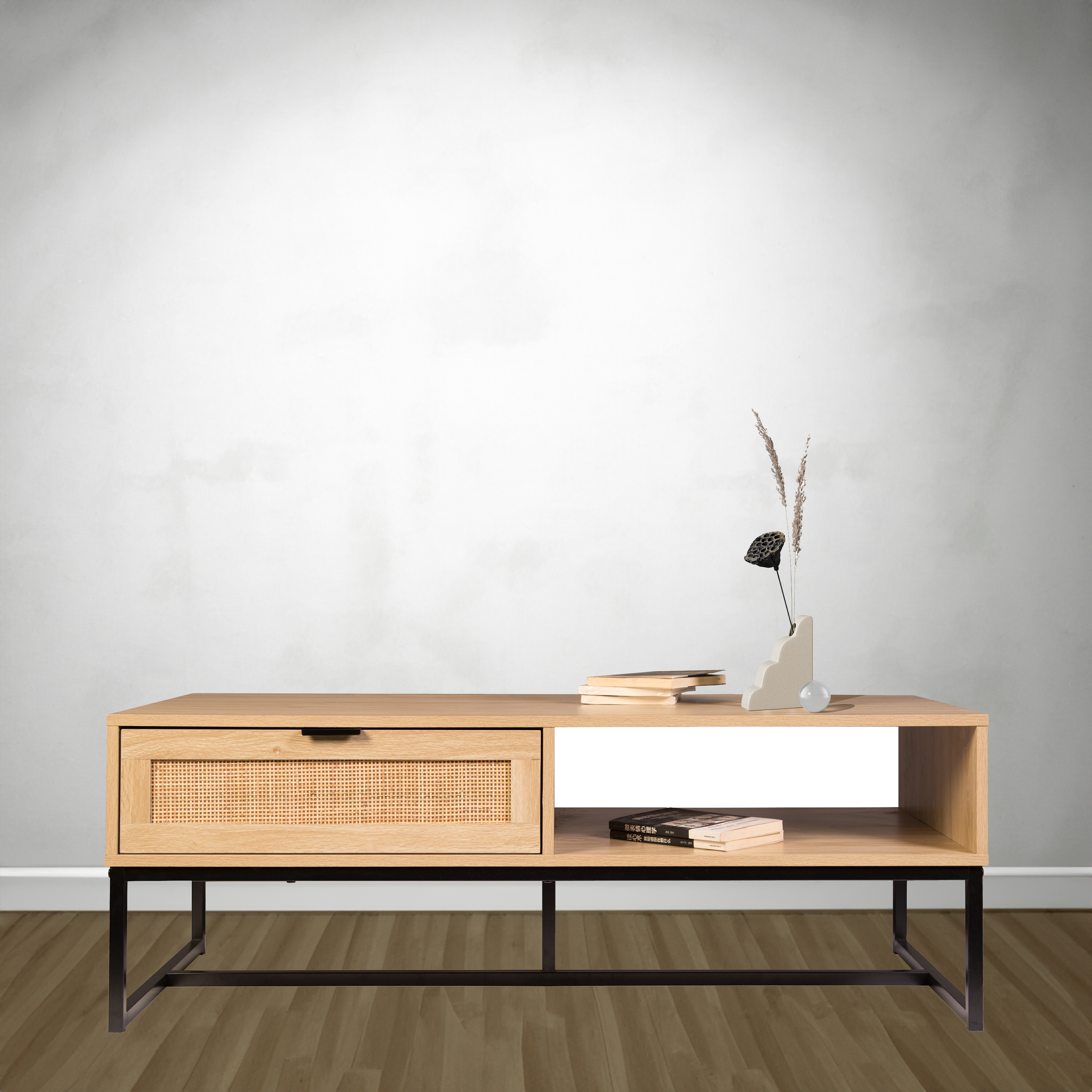 Cove Coastal Modern TV Stand with Storage Cubby and Drawer, Natural Wood