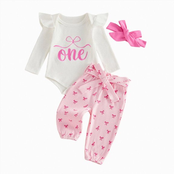 larppty Baby Girl 1st Bithday Outfits Long Sleeve Romper Pants Set with Headband