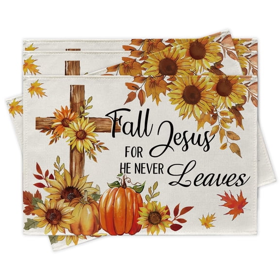 Fall for Jesus He Never Leaves Christian Placemats Set of 4, Religious Autumn Cross Sunflower Pumpkin Dining Place Mats Table Decor, Farmhouse Rustic Leaves Home Kitchen Decoration 12 x 18 in