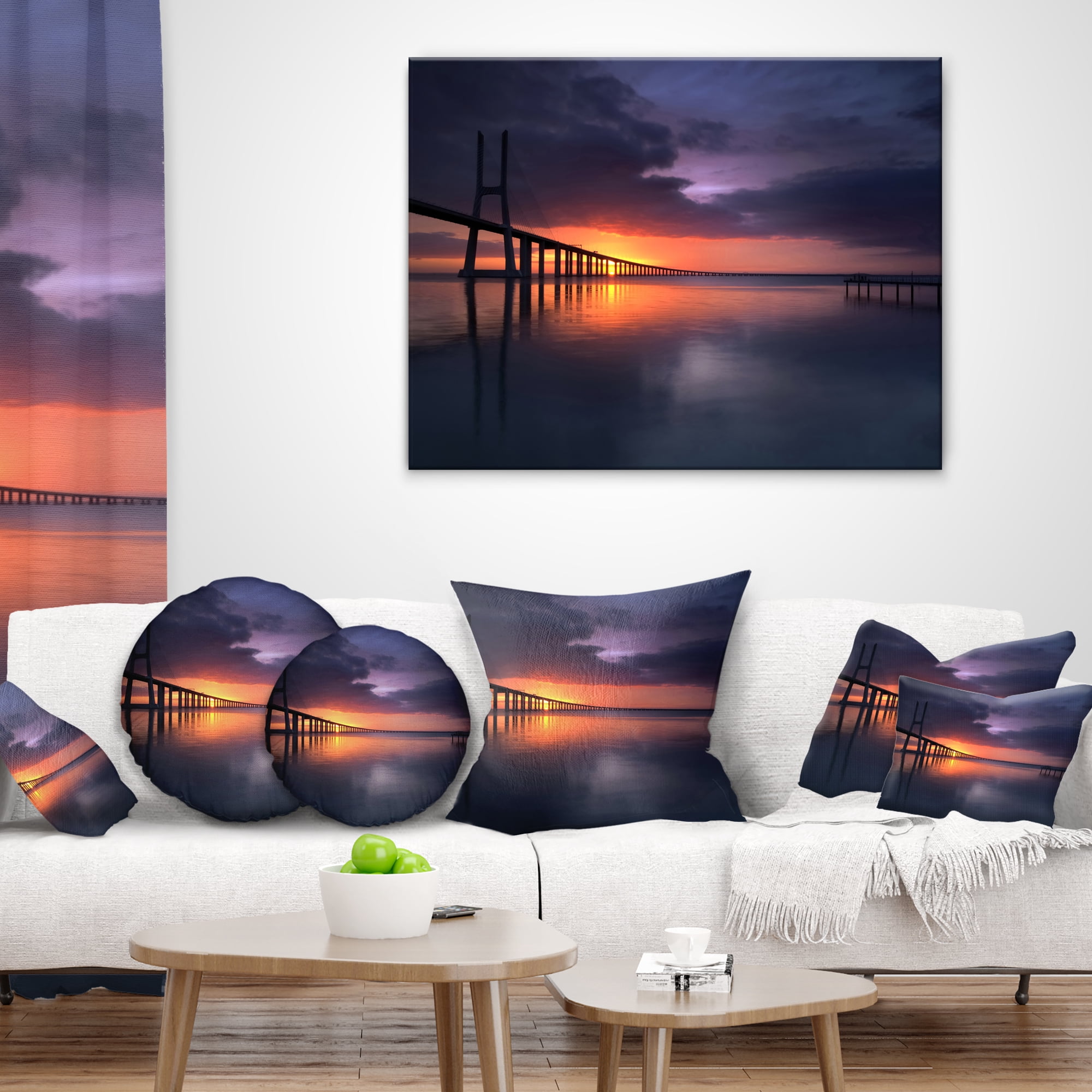 Designart Vasco Da Gama Bridge Portugal - Pier Seascape Throw Pillow - 18x18