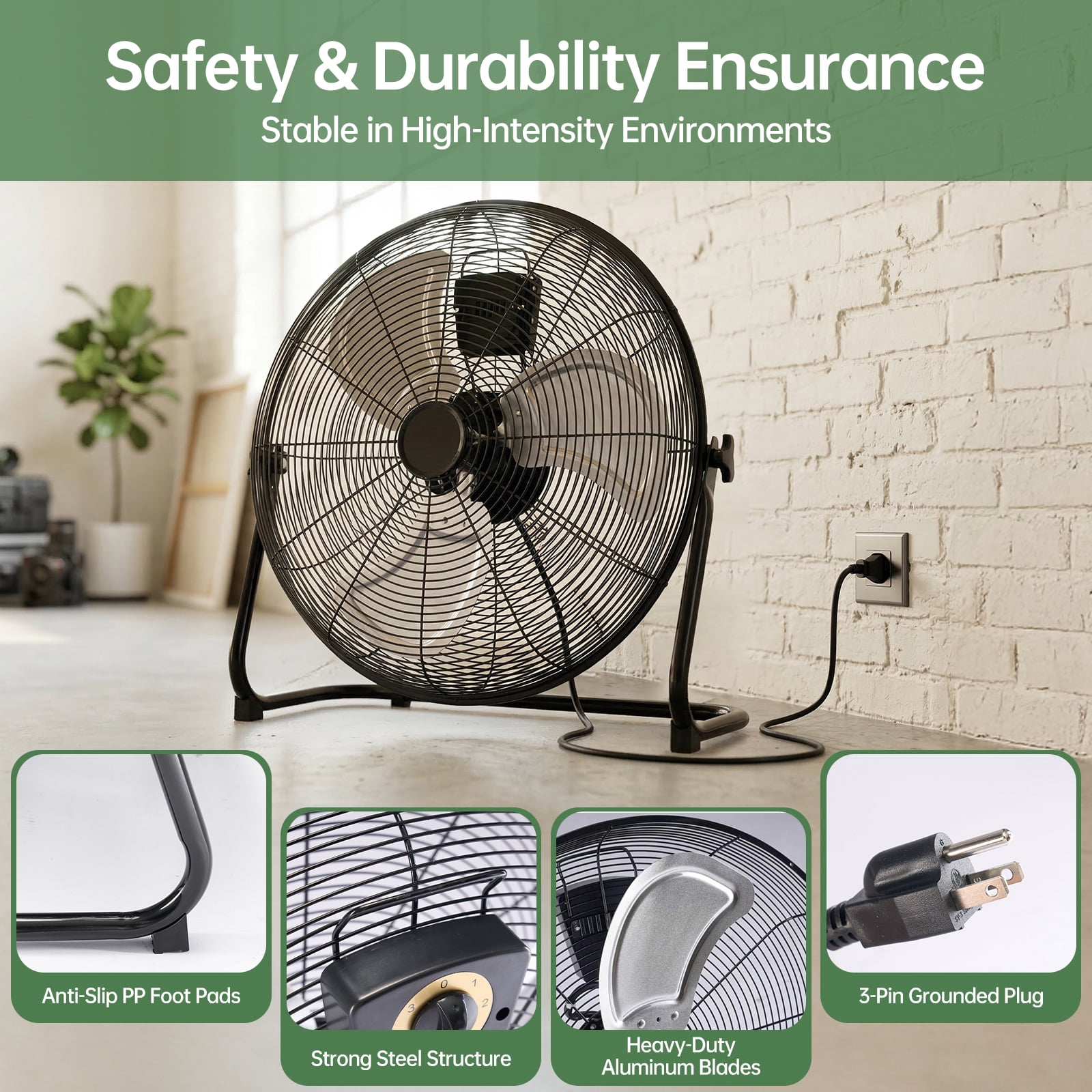 Gianna 20" High Velocity Industrial Floor Fan, 3-Speed Heavy Duty Metal Air Circulator with 120° Tilt Head, Black