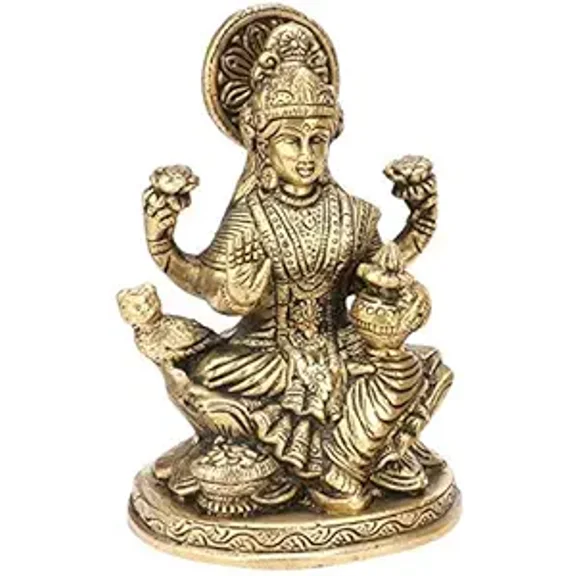 Laxmi Murti Brass Lakshmi Idol Laxmi Goddess Lakshmi Sitting Statue in Blessing Postures for Home Puja Mandir Temple Gold Color Height 5 Inch